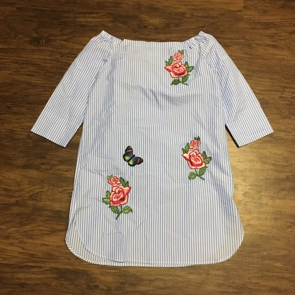 Striped Embroidered Off the Shoulder Dress - Picture 3 of 5